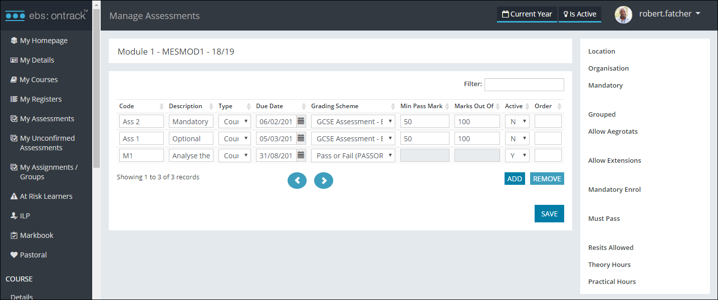 Manage Assessments screen